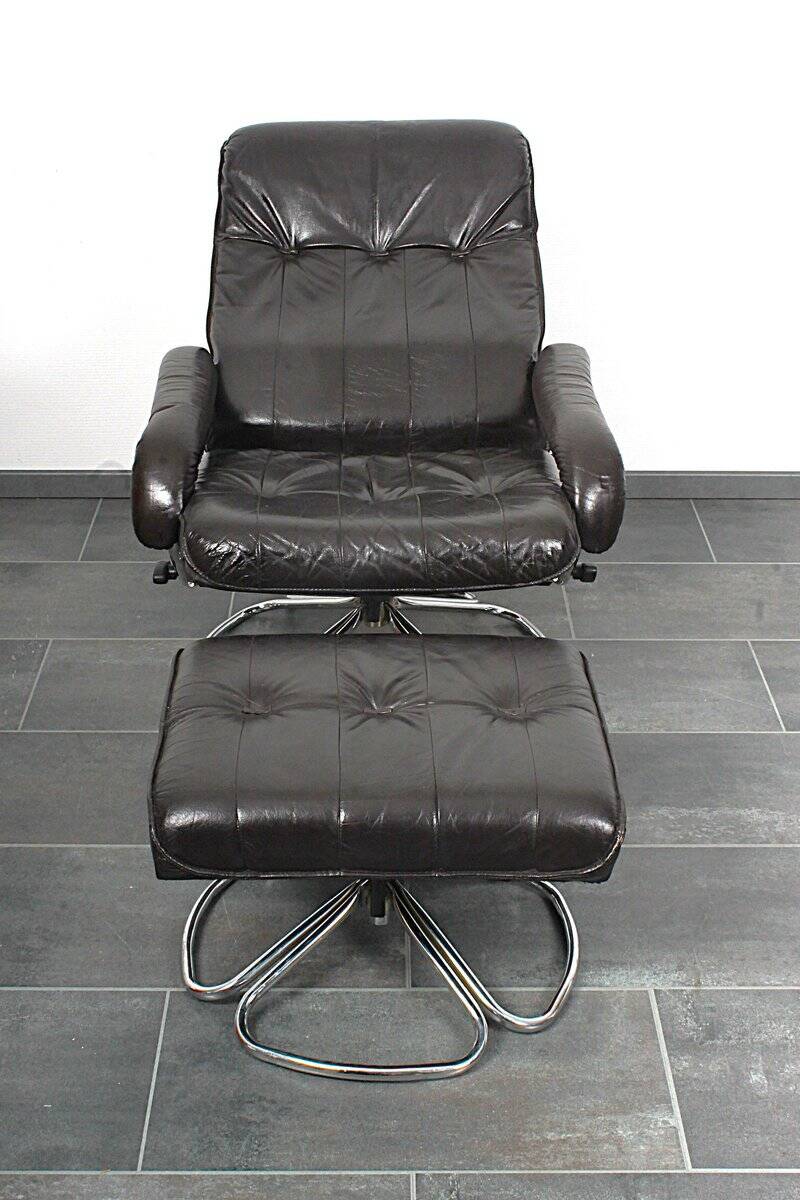 Unico 1970s Dark Brown Leather Lounge Chair and Ottoman Set of 2