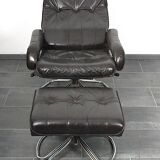 Unico 1970s Dark Brown Leather Lounge Chair and Ottoman Set of 2