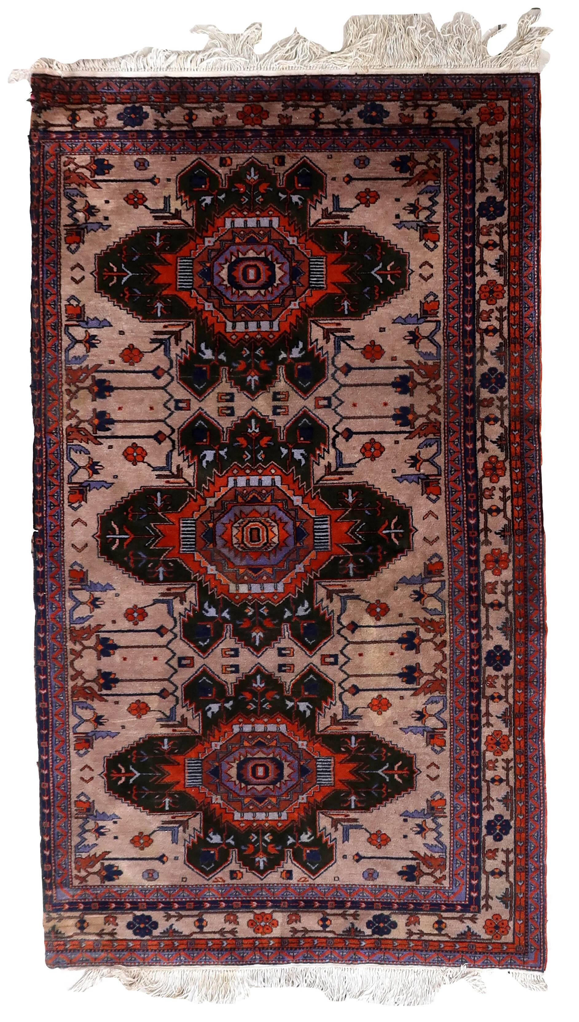 Handmade vintage Caucasian Kazak rug 4' x 6.9' (123cm x 213cm) 1960s