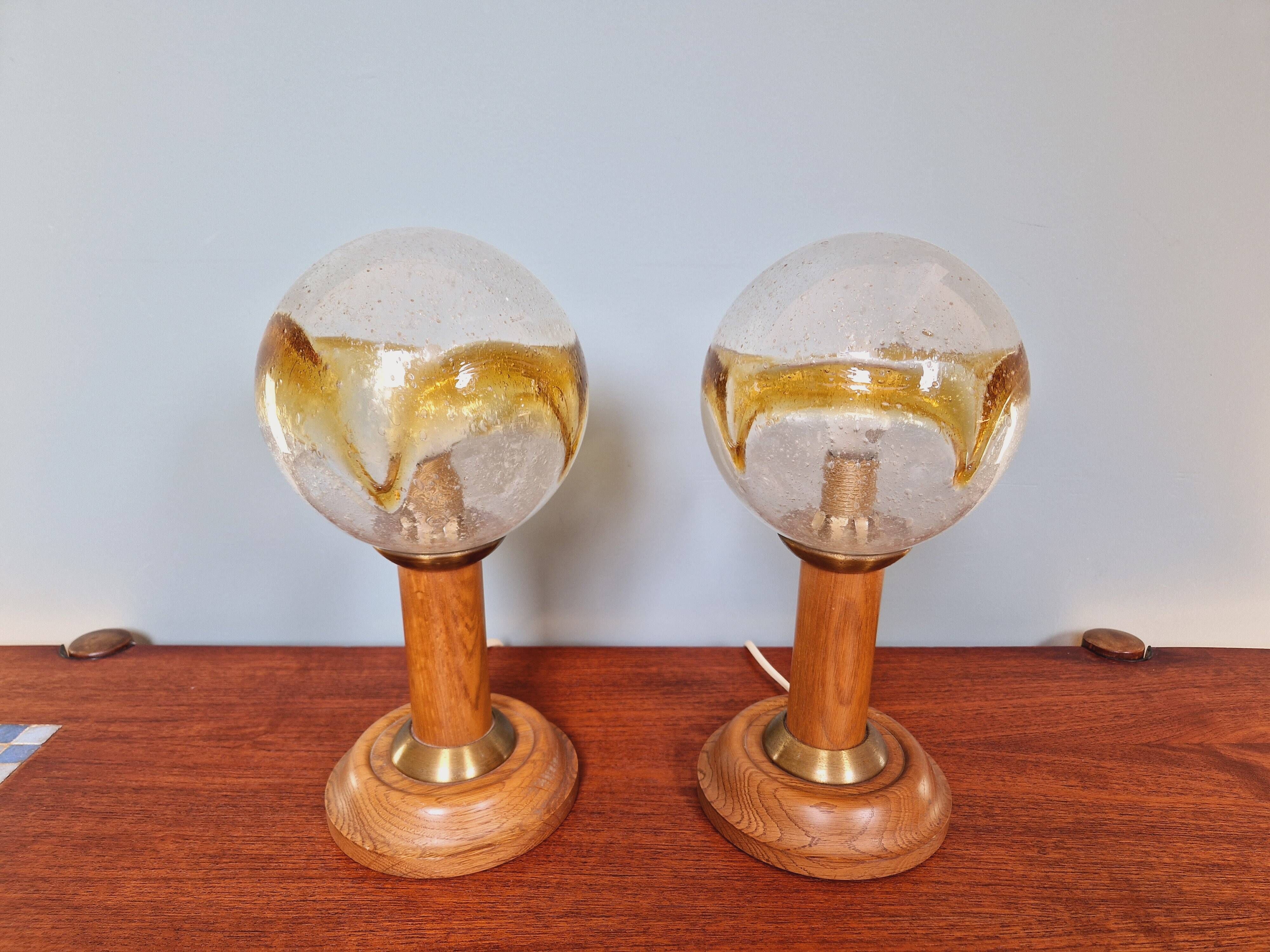 Pair of wooden and blown glass lamps, Honsel Leuchten, 1970s
