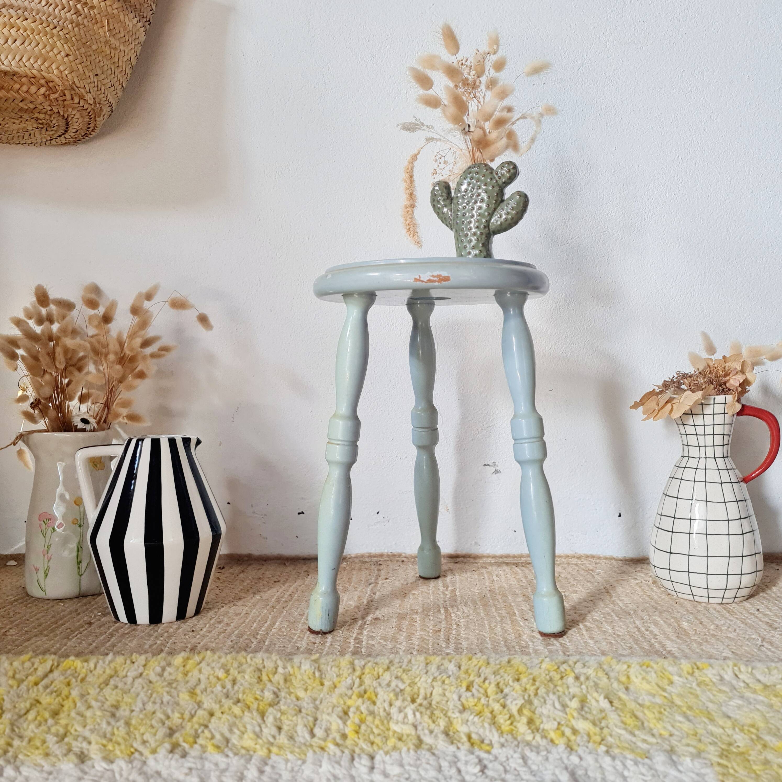 Antique tripod stool, solid wood, blue.