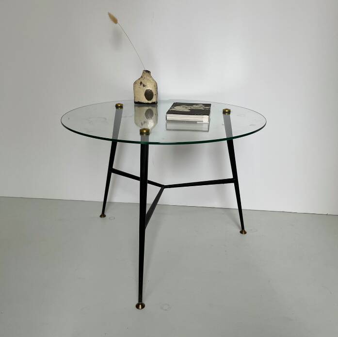 1950s Round Glass and Metal Coffee Table