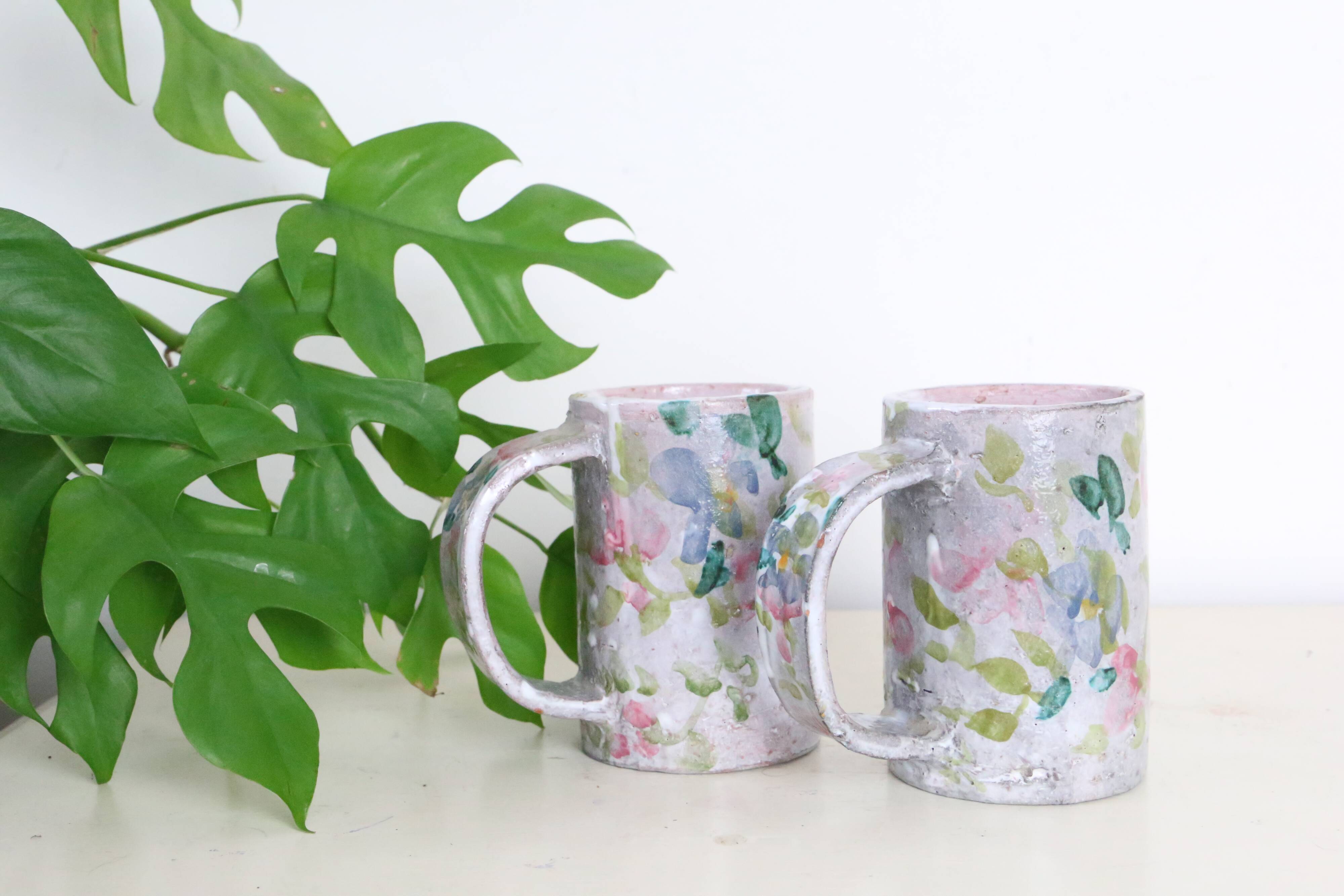Set of 2 stoneware mugs, artisanal pottery, 1980