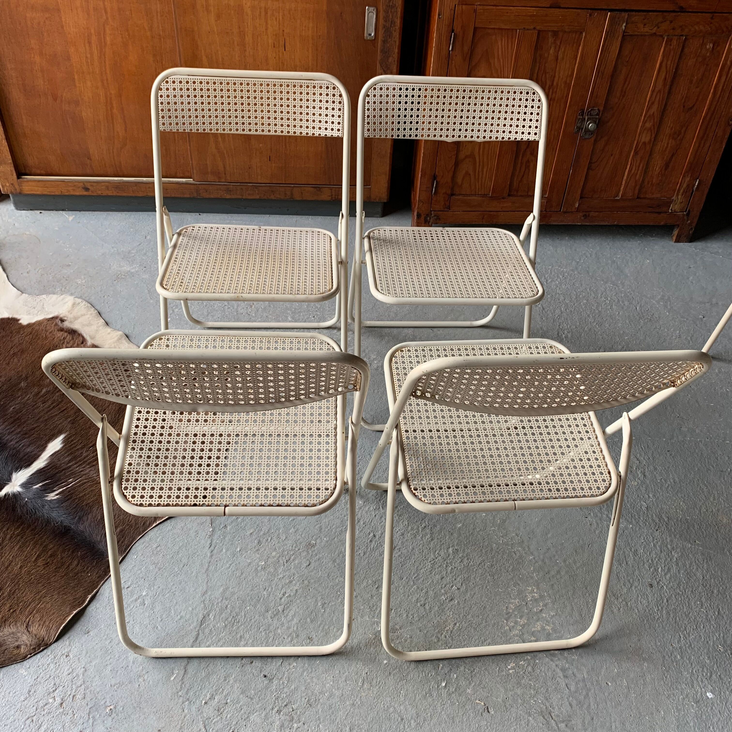 Set folding table and its 4 folding chairs perforated metal cream color - 70s