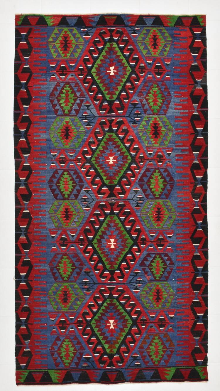 5x10 Blue & Red Vintage Kilim Rug, 154x305Cm