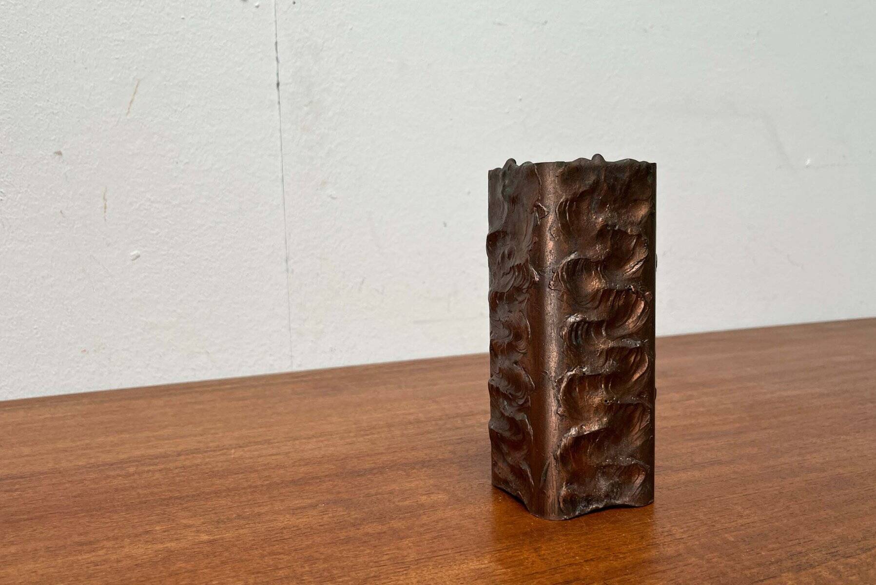 Brutalist metal block vase from the mid-century, 1960s.