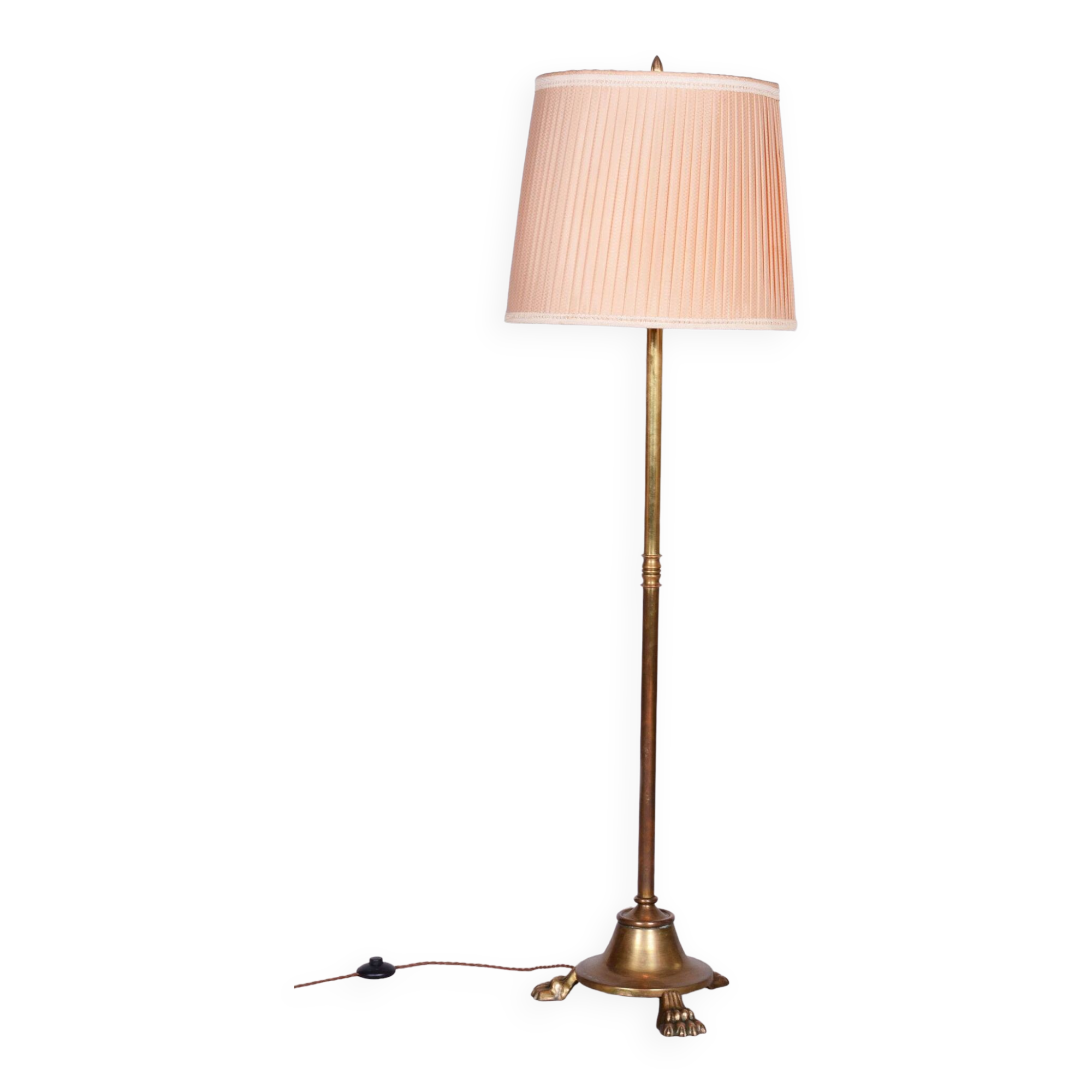 Restored Brass Art Deco Floor Lamp, France, Original Textile Shade, 1920s