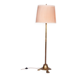 Restored Brass Art Deco Floor Lamp, France, Original Textile Shade, 1920s