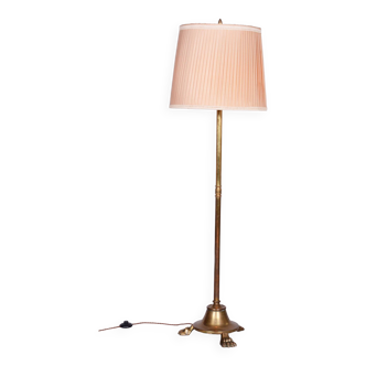 Restored Brass Art Deco Floor Lamp, France, Original Textile Shade, 1920s
