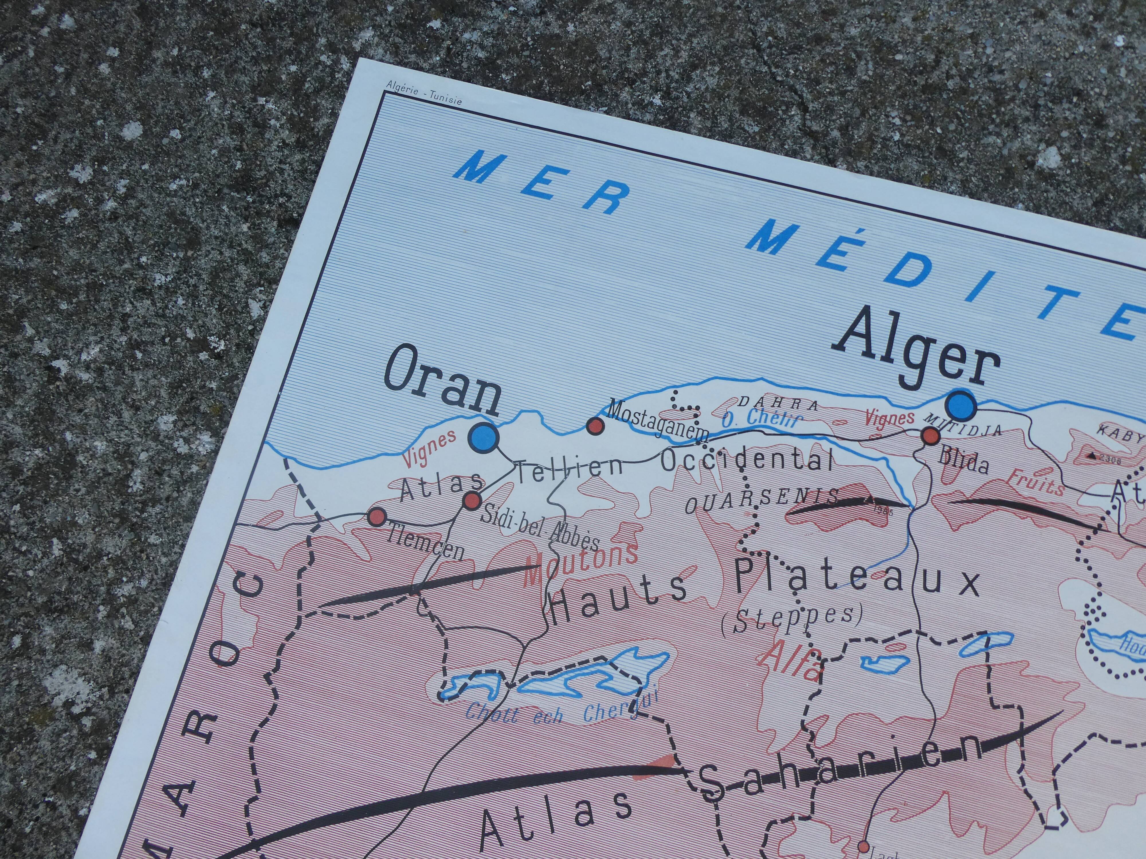 Old poster-school map Rossignol year 50 Tunisia, Algeria