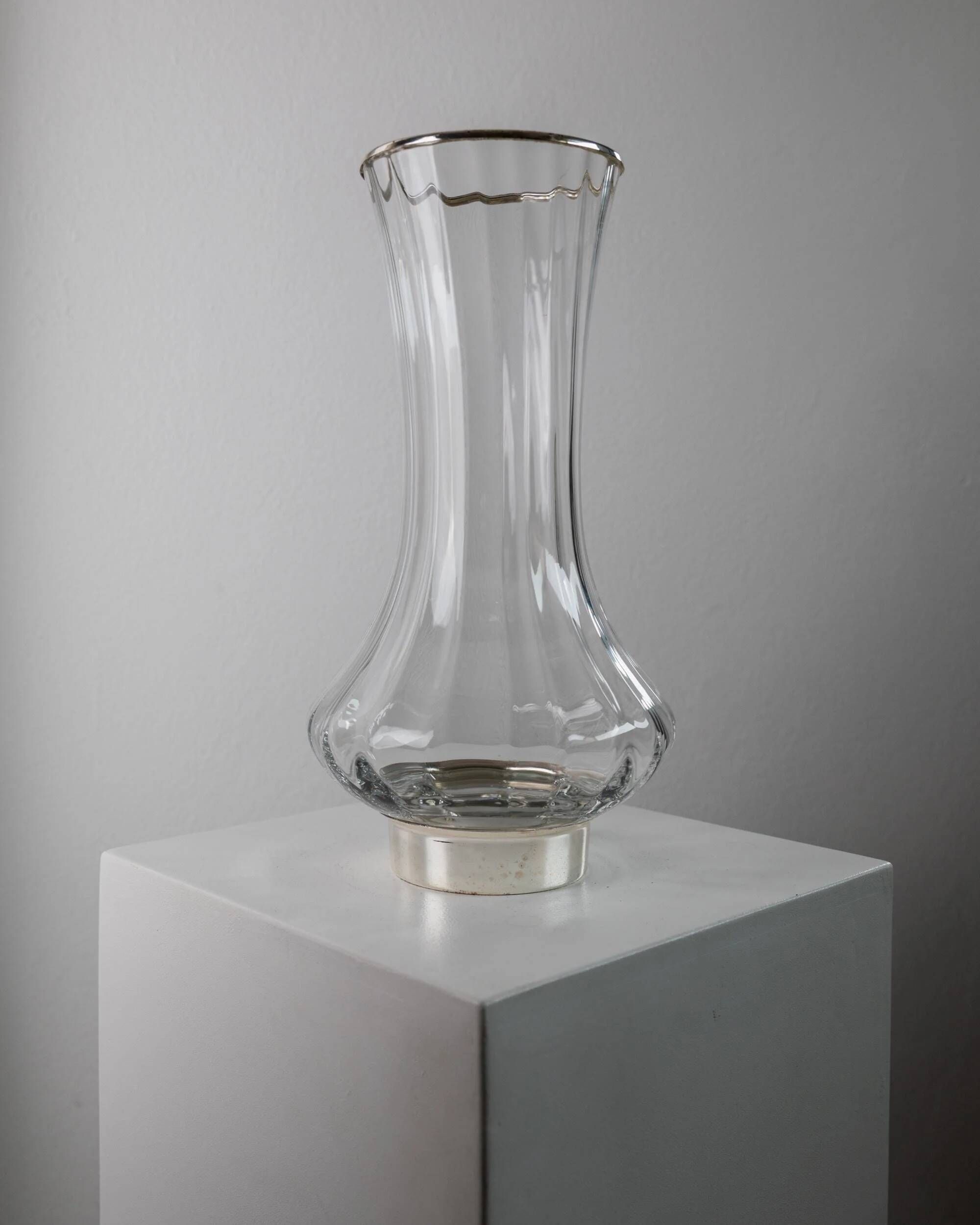 Vintage glass vase from the 1980s, transparent glass with fine linear pattern and silver metal details, elegant sculptural flower vase, gift idea.