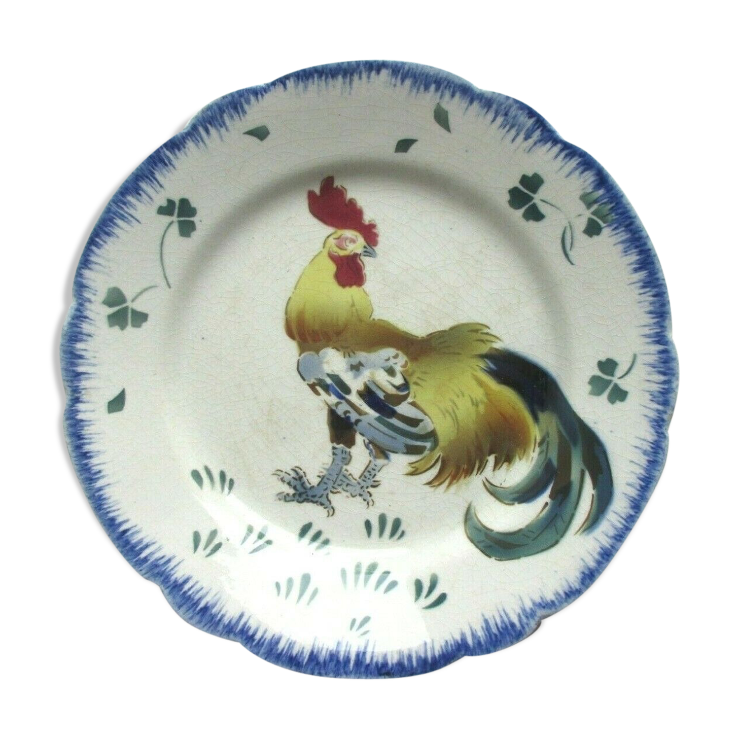 SUPERBE Art Nouveau polychrome flat plate, signed Lunéville, model LES COQS