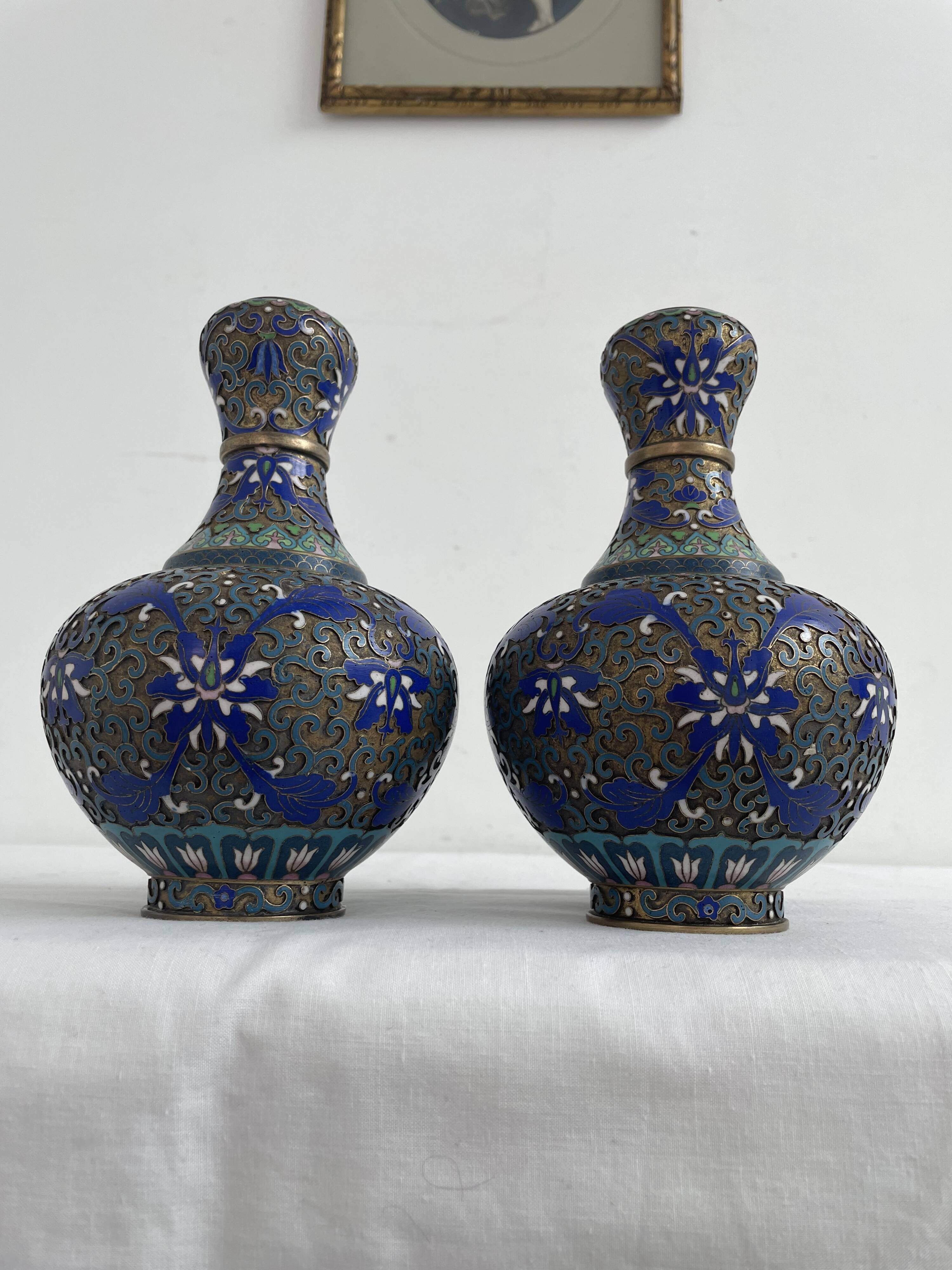 Vintage, pair of vases, Chinese, cloisonné metal, enameled, polychrome floral decor, golden hoop