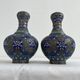 Vintage, pair of vases, Chinese, cloisonné metal, enameled, polychrome floral decor, golden hoop