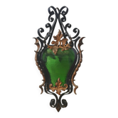 Antique wrought iron lantern, curved glass & golden ornaments, 1930