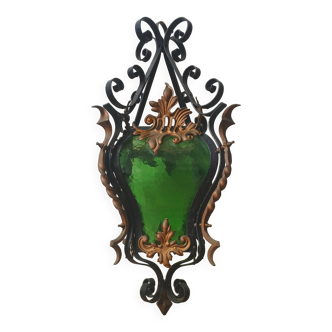 Lanterne ancienne en fer forgé, verre bombé & ornements dorés, 1930