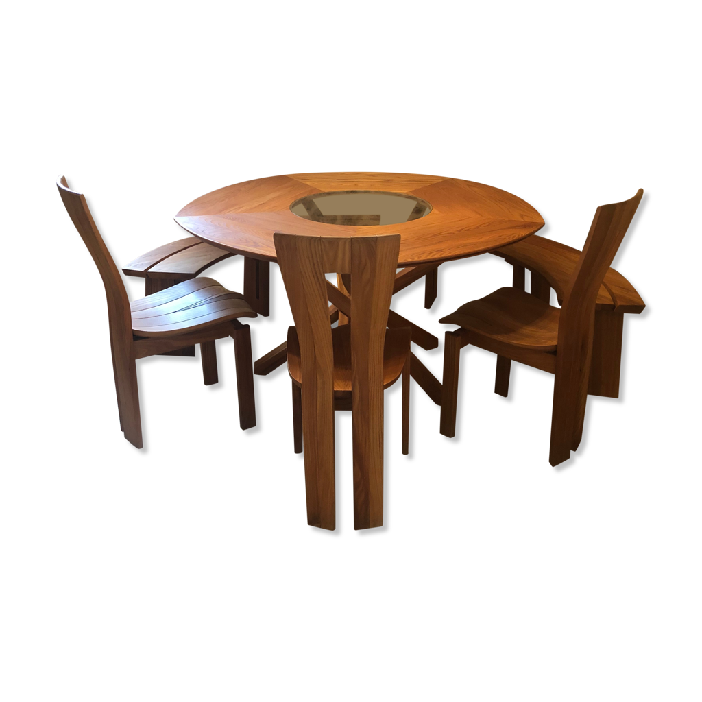 Table et sièges en orme massif ébénisterie Seltz collection turf | Selency