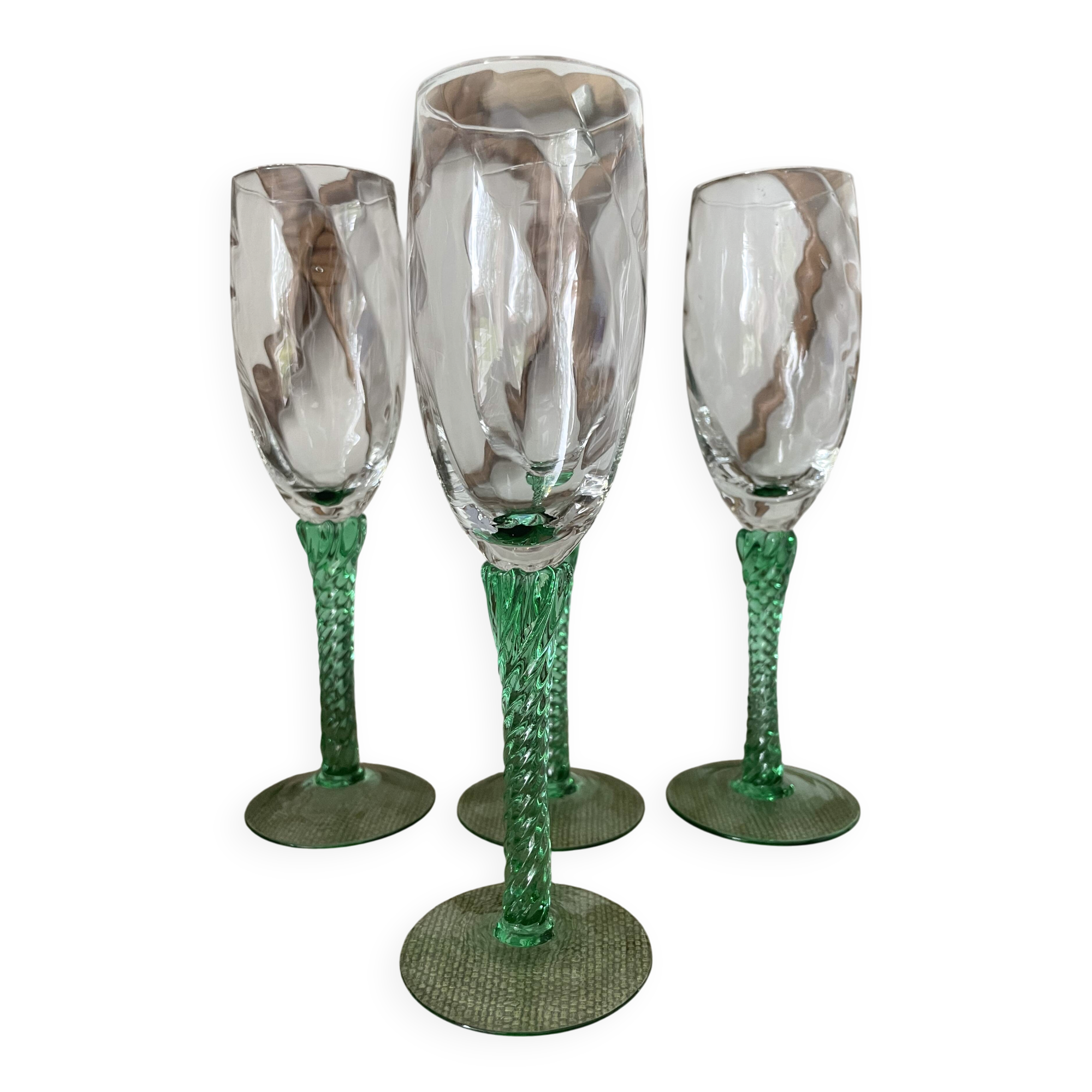 4 champagne flutes, Italian glassware, 1960s, green twisted stem