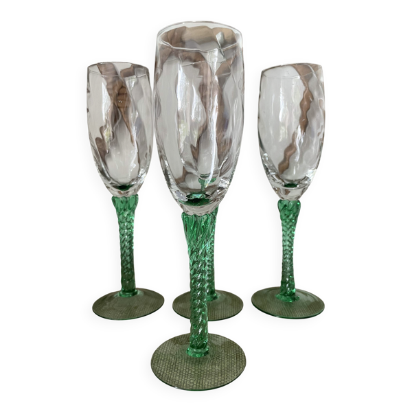 4 flûtes à champagne verrerie italienne années 60 pied torsadé vert