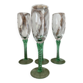 4 champagne flutes, Italian glassware, 1960s, green twisted stem