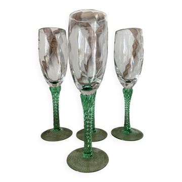 4 flûtes à champagne verrerie italienne années 60 pied torsadé vert