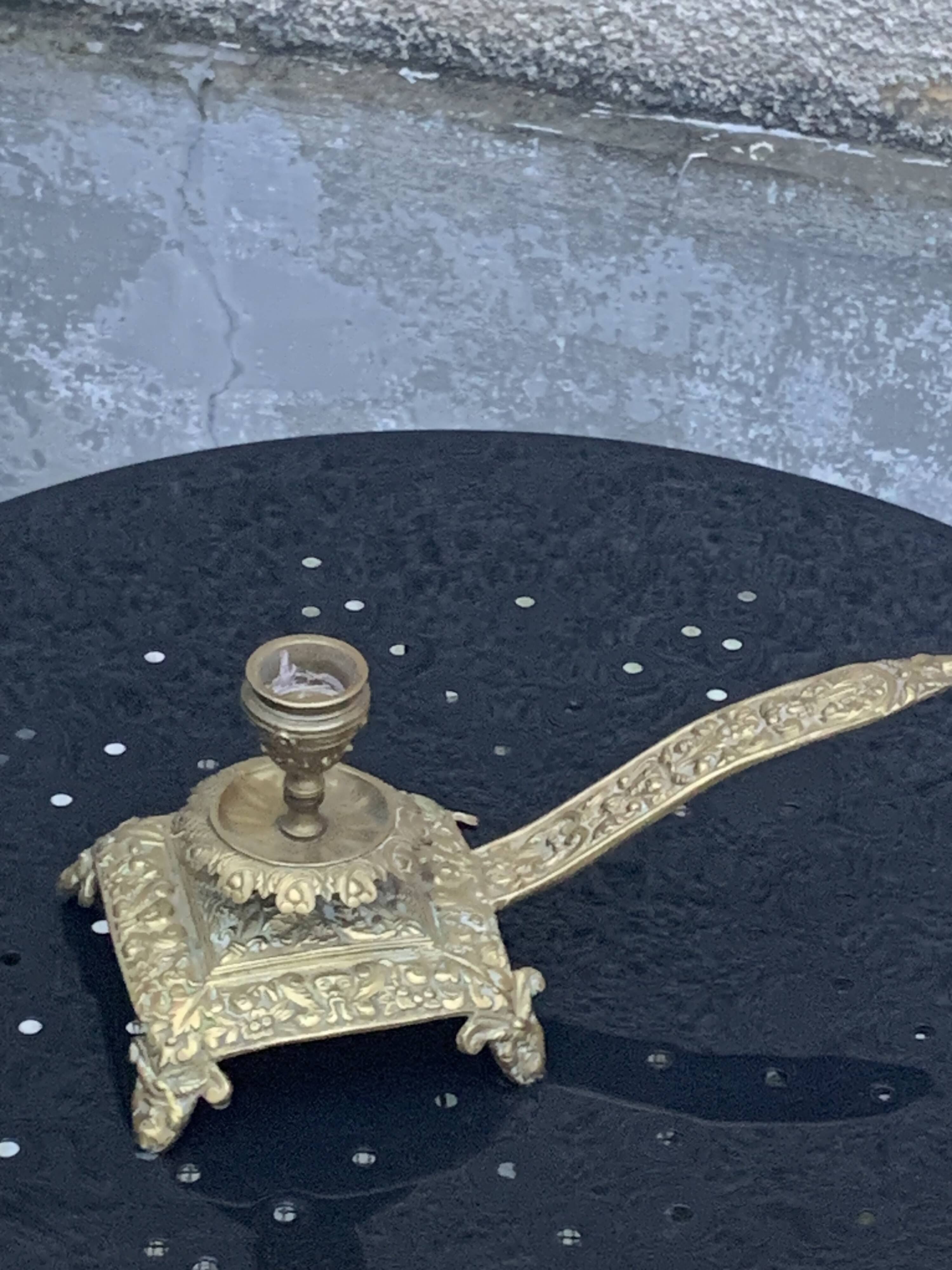 candle holder with handles, in vintage chiseled golden brass