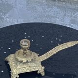 candle holder with handles, in vintage chiseled golden brass