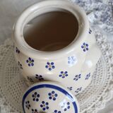 Vintage beige earthenware candy box - Hand-painted blue floral decoration