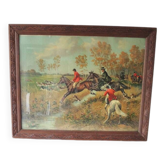 Ancien tableau encadré : chasse à courre