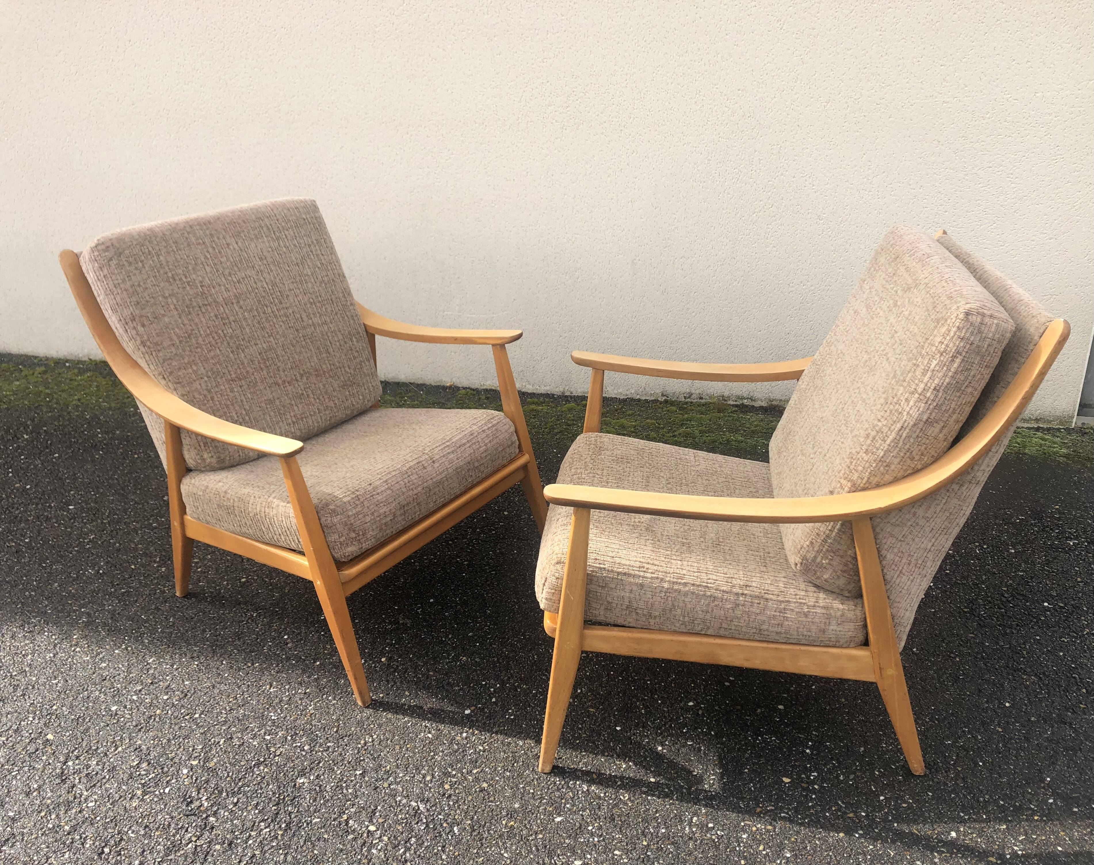 Scandinavian style armchairs blond wood 60s
