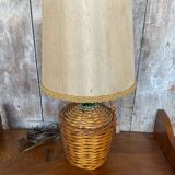 Old wicker dame jeanne lamp + beige lampshade 70's vintage