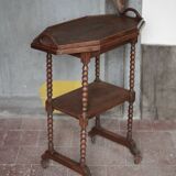 Vintage turned wood dessert trolley, wheeled table with removable top.