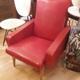 Armchair in red leatherette and feet compass around 1950