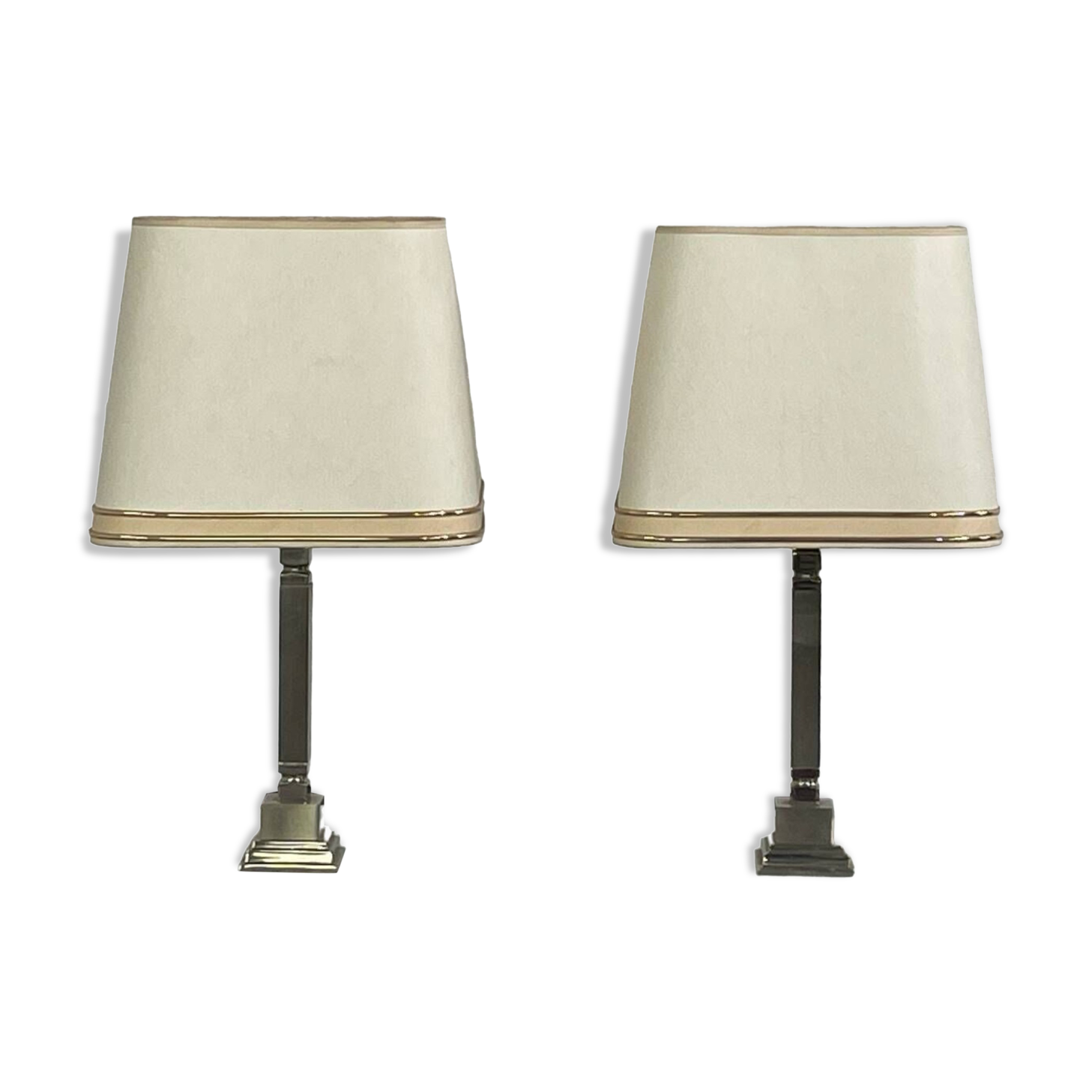 Pair of chrome and brushed metal lamps