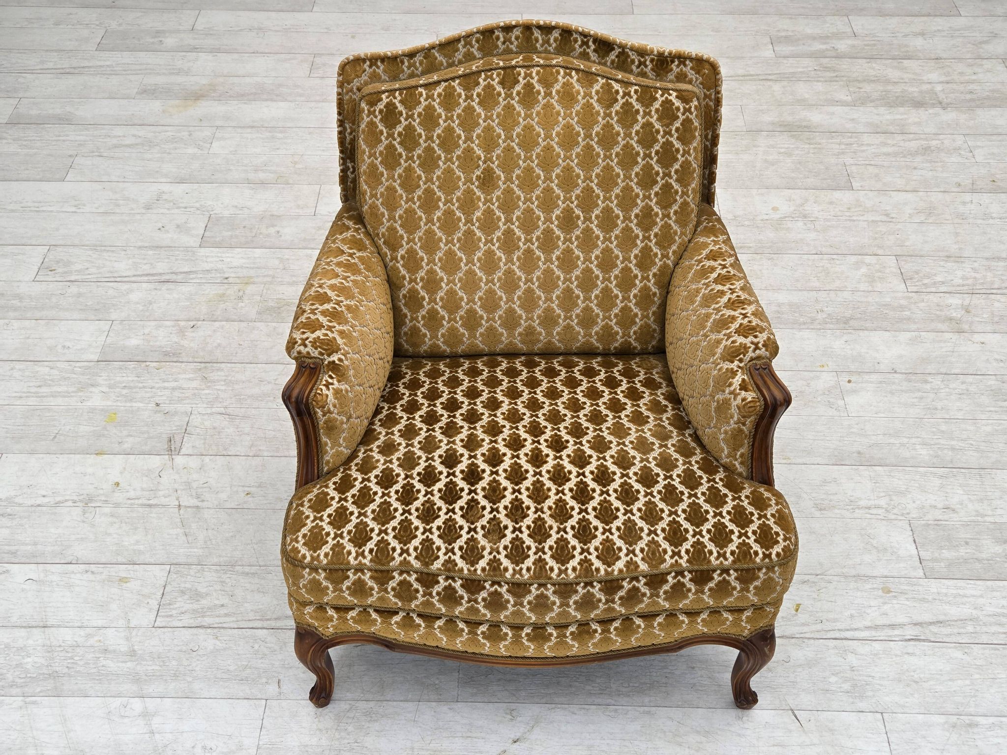 1950s, Danish relax chair, furniture velour, carved ash wood.