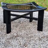 70s design coffee table in black lacquered wood with smoked glass top