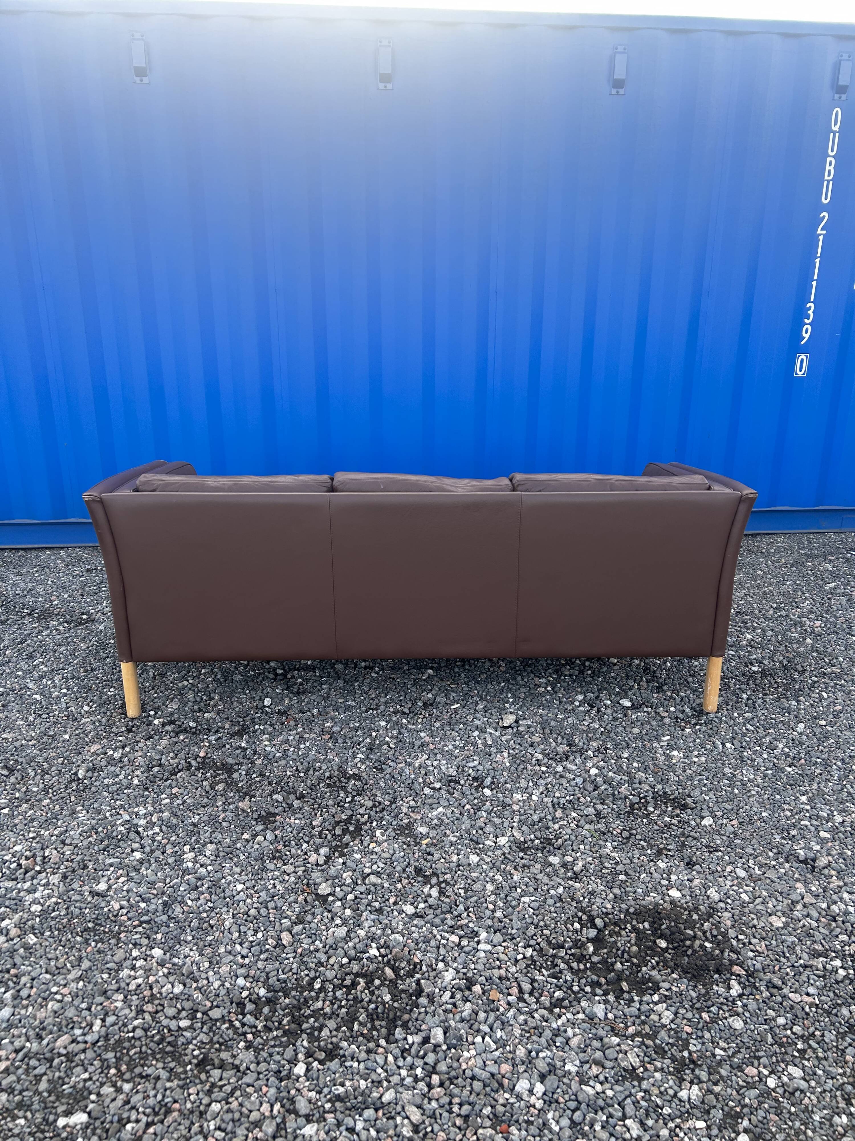 Danish three seater brown leather sofa 1970s
