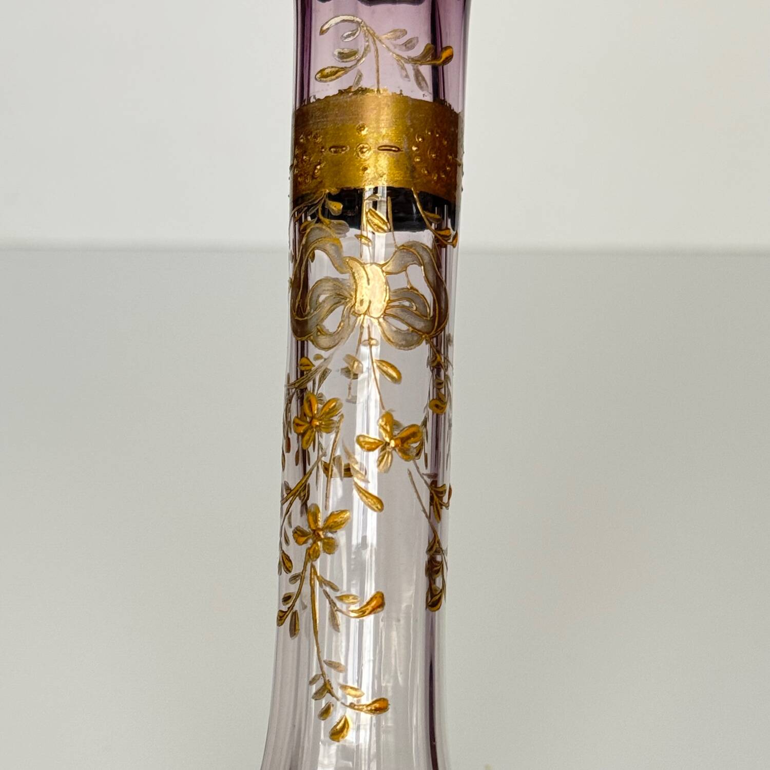 Antique purple tinted glass vase | ribbon/bow and flowers