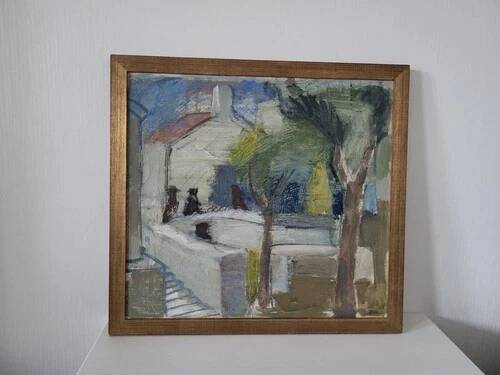 Mid-Century Oil on Canvas 'House with Two Trees' by Zage, Vintage & Framed
