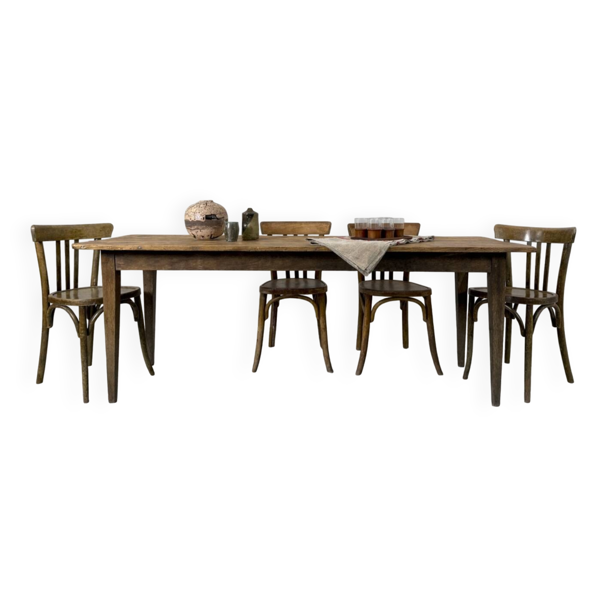 Old farmhouse table with tapered legs, late 19th to early 20th century.