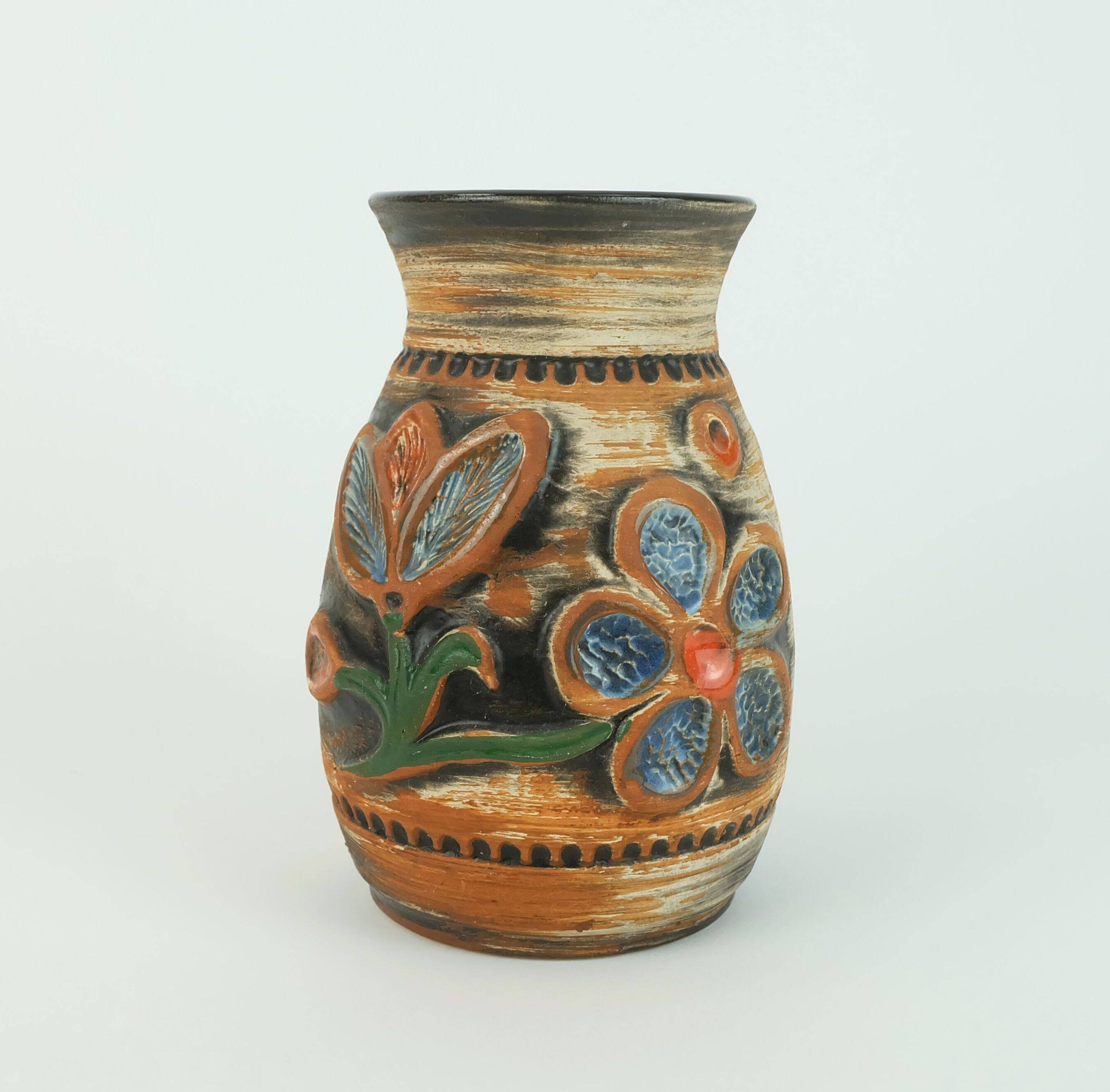 1960s bay ceramic vase multi-color relief flower decor model 94 17