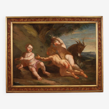 Antique Italian painting from the 17th century, bacchanal of cherubs