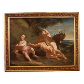 Antique Italian painting from the 17th century, bacchanal of cherubs