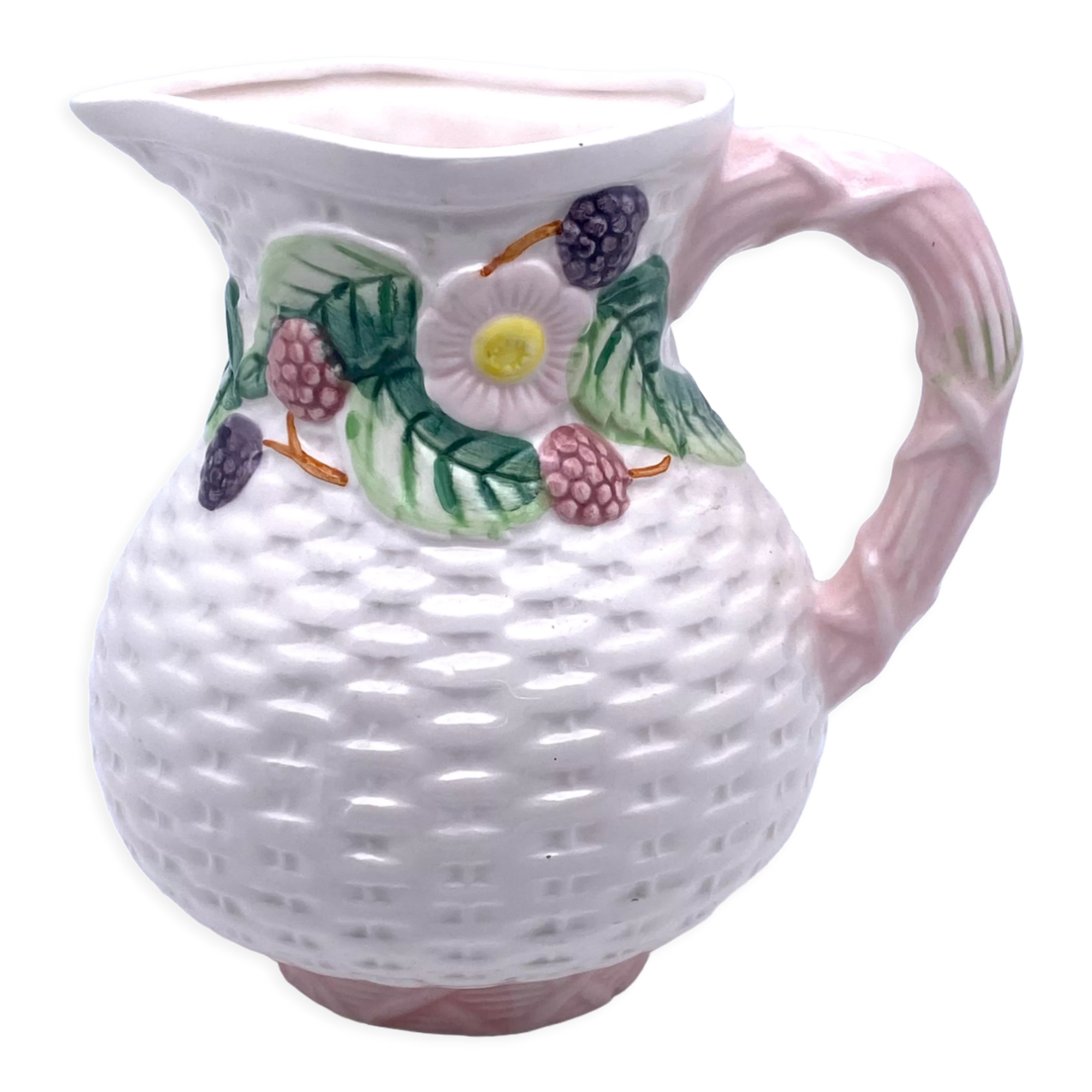 Pale pink slip decanter and colorful fruist