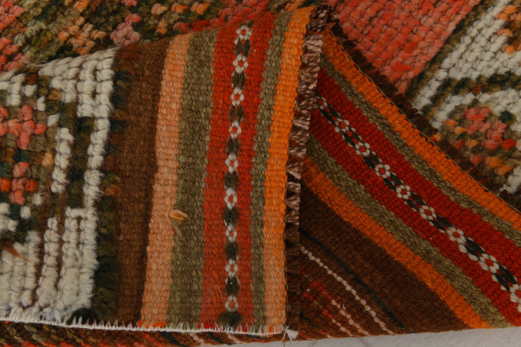 Brick Red Geometric Style Turkish Oushak Runner Rug, 90x340 Cm