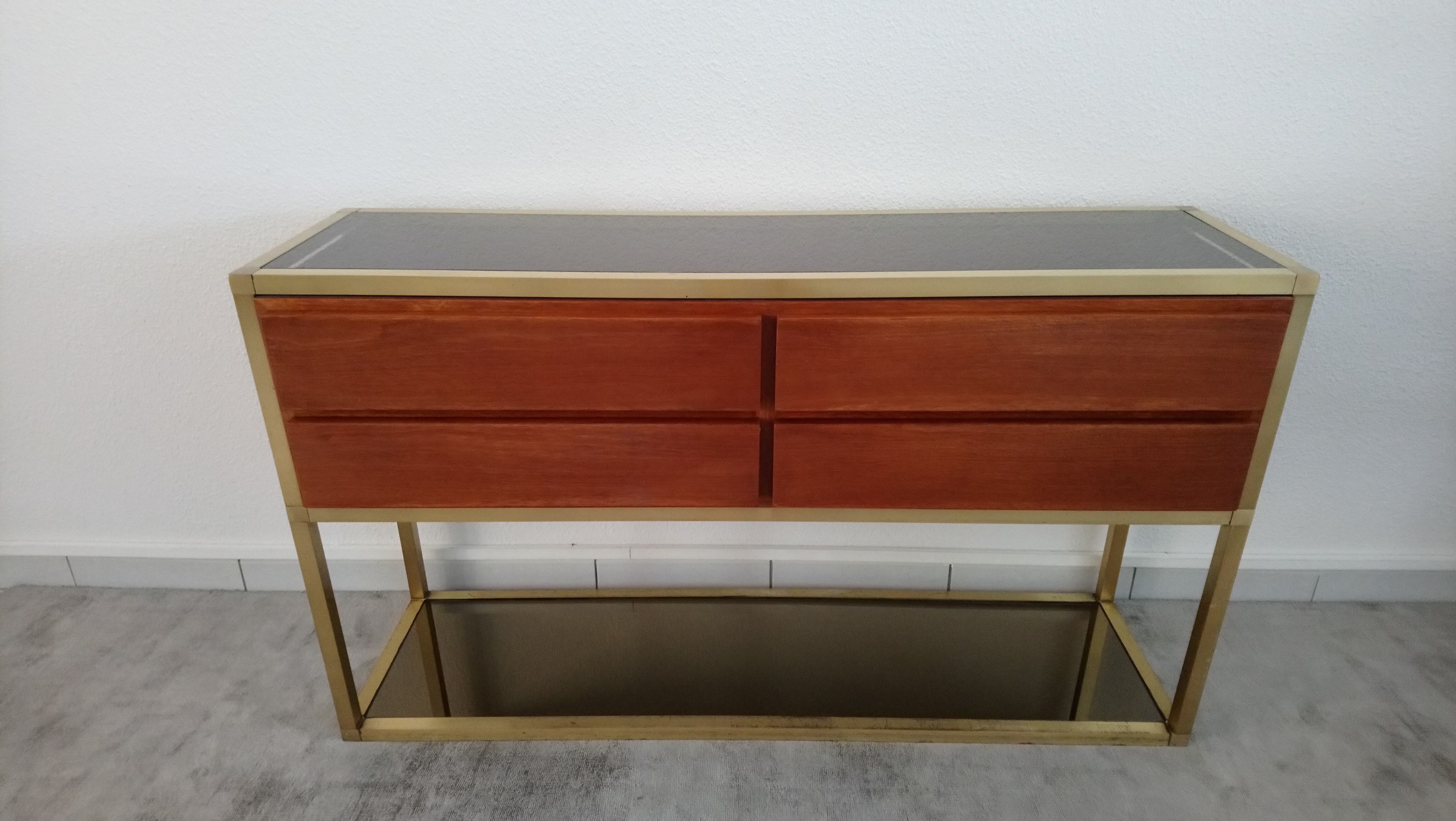 Console à tiroirs en laiton et bois années 70