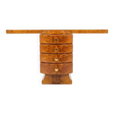 An Art Deco console made of beech wood with elm burl and 5 drawers.