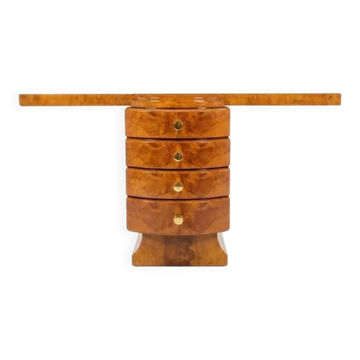 An Art Deco console made of beech wood with elm burl and 5 drawers.