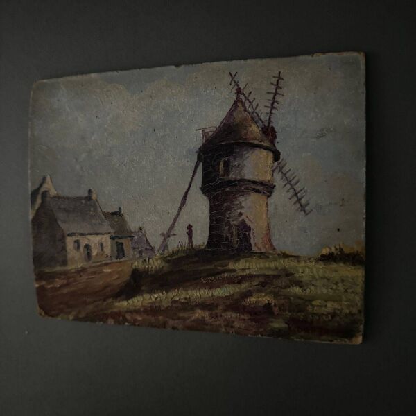Huile sur carton représentant un moulin XXe par L. Ganthier