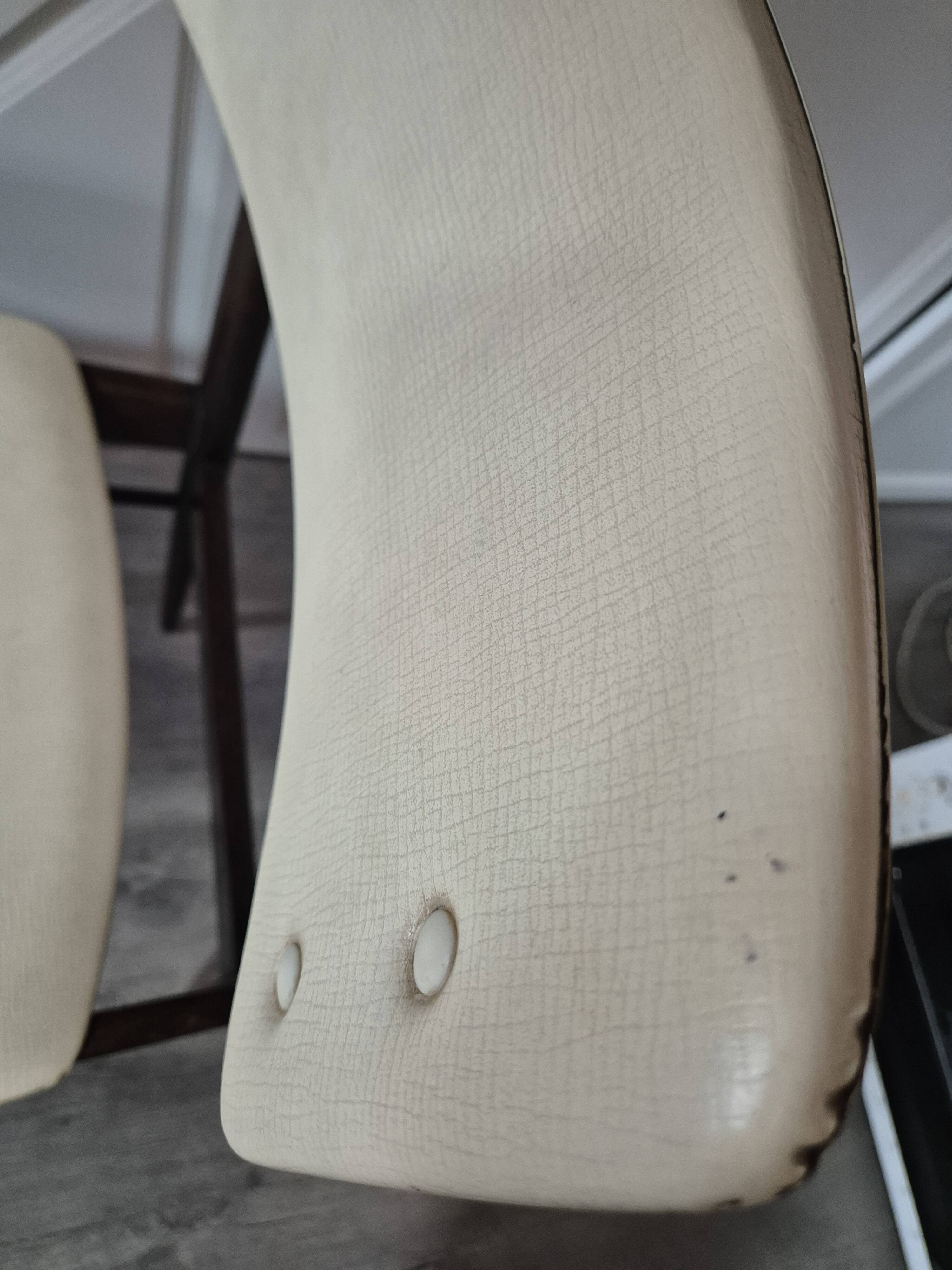 vintage chair wooden frame compass foot with metal on the front backrest and ecru leather seat